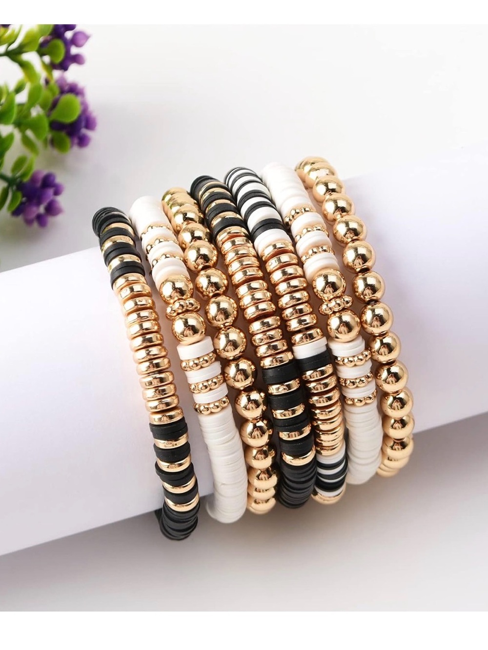 Gold, Black & White Stackable Beaded Bracelet Set - Women Jewelry